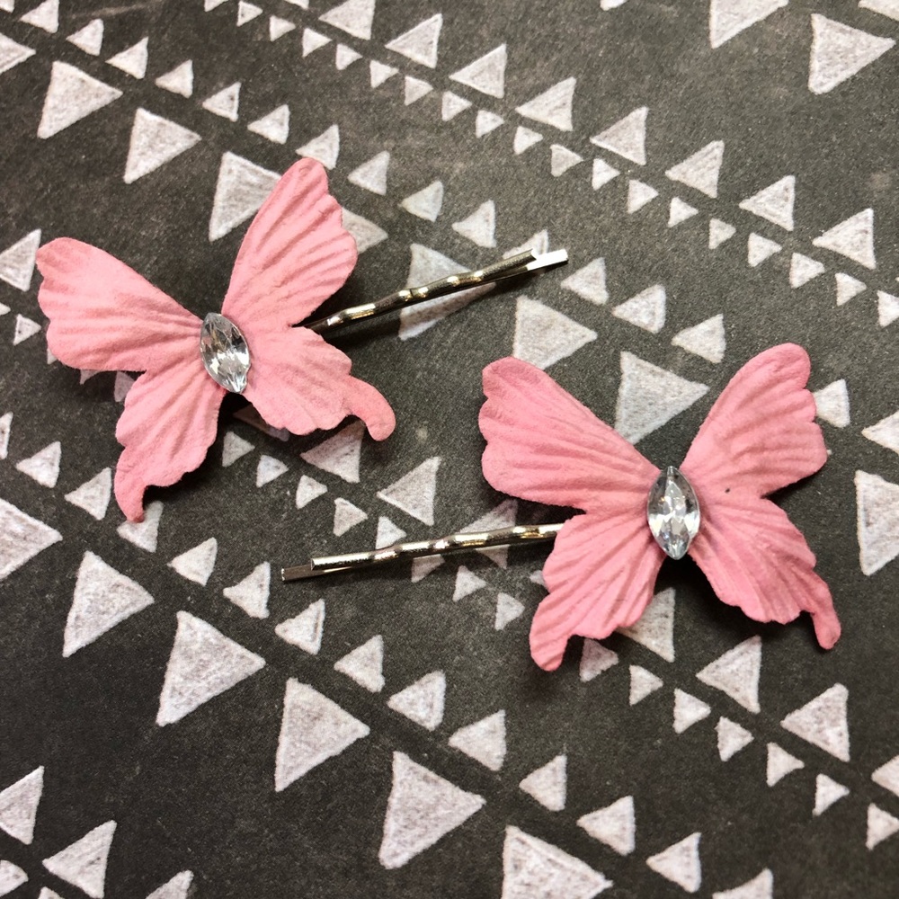 Pink Butterfly with Rhinestone Silver Bobby-pins / Hair Accessories